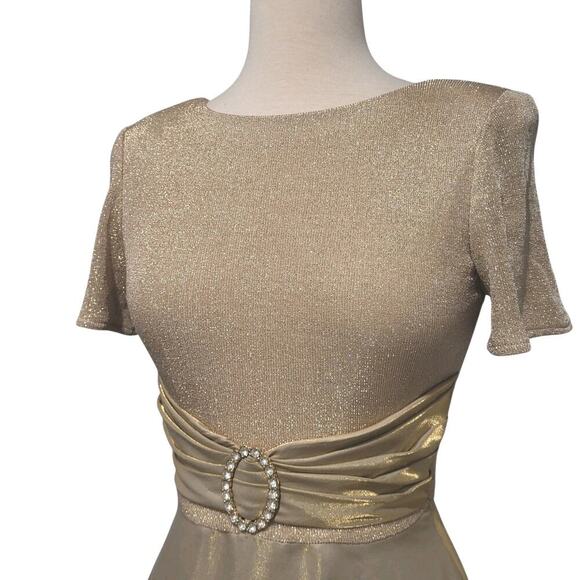 VTG Gold Evening Gown Sz 4 Formal Dress Short Sleeve 90s USA Old Hollywood Glam - Picture 3 of 15